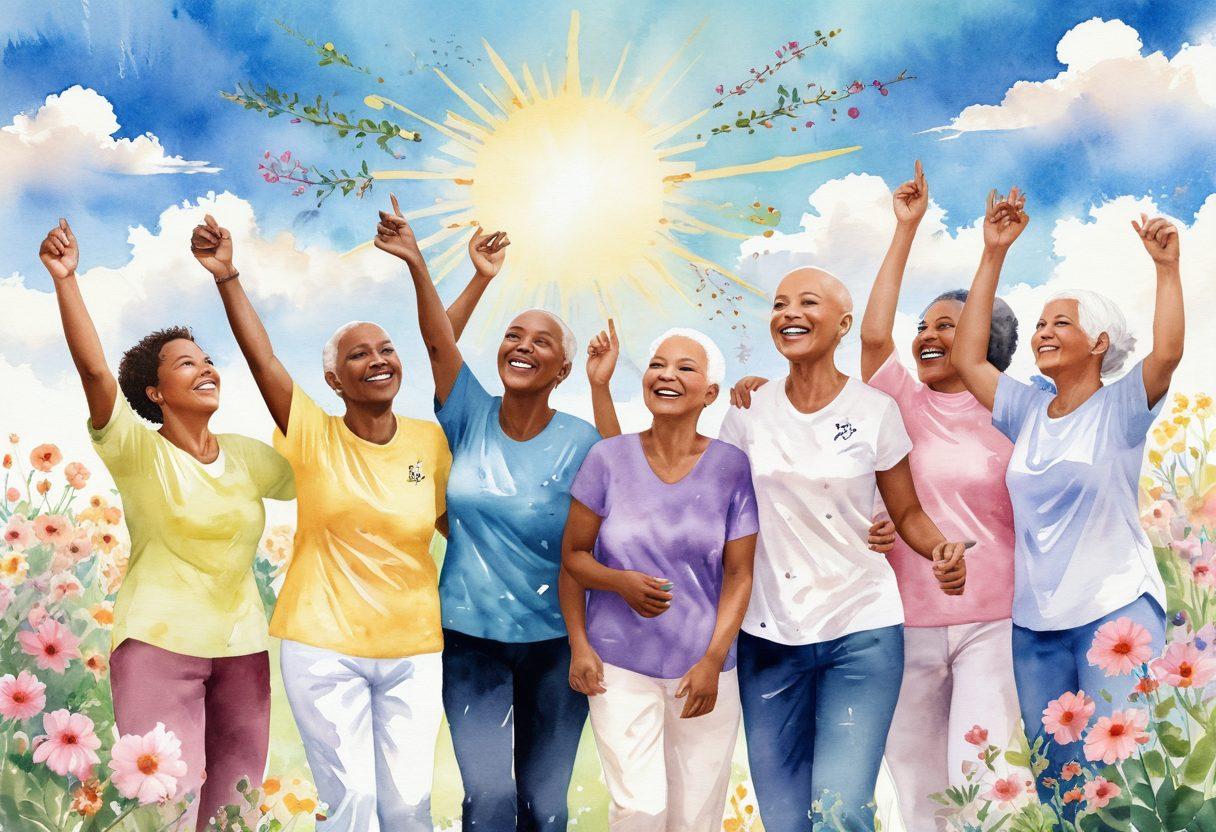 A vibrant scene depicting a diverse group of cancer survivors celebrating their journey together, surrounded by symbols of hope and resilience such as blooming flowers and uplifting quotes. They share stories and laughter, showcasing a sense of community and empowerment. The background features a sunny sky and soft, ethereal light, symbolizing hope and new beginnings. watercolor style. vibrant colors. uplifting atmosphere.
