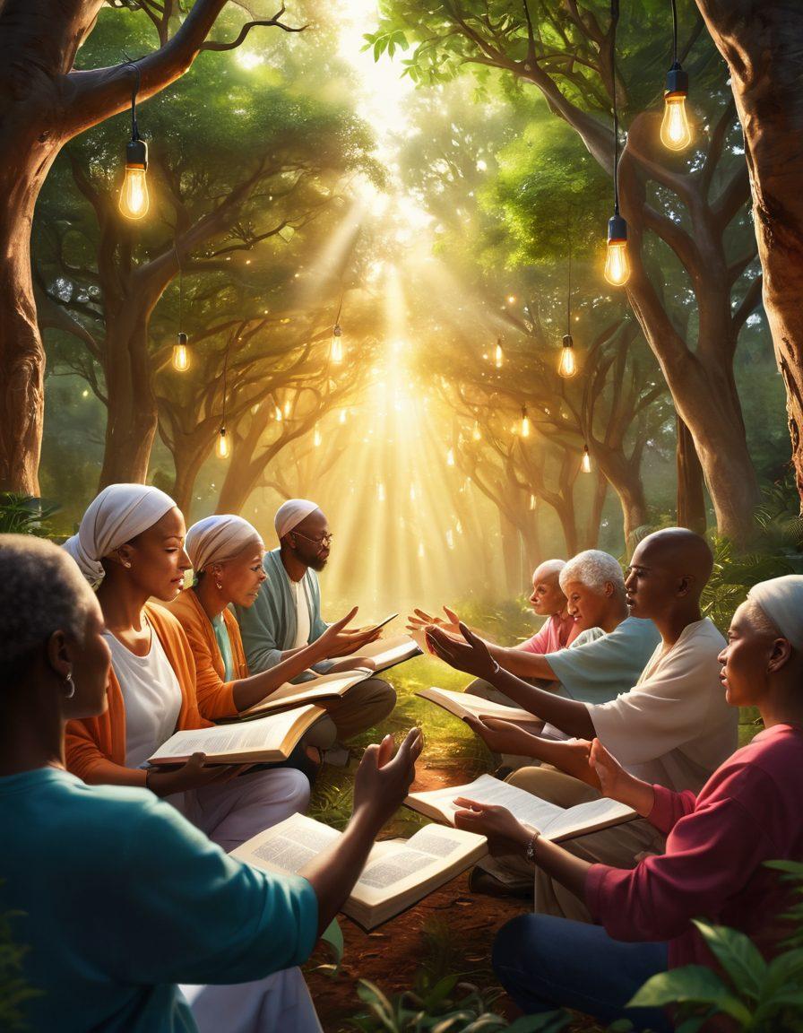 A powerful depiction of a diverse group of cancer patients in a lush, supportive environment, engaged in a warm discussion. Include visual symbols of knowledge, like open books and light bulbs, mingling with representations of community, such as hands reaching out to one another. The scene conveys hope, strength, and empowerment. Soft sunlight filtering through trees for a hopeful ambiance. super-realistic. vibrant colors.