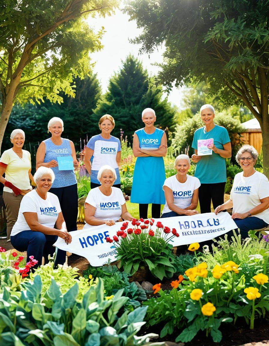 A serene and uplifting scene depicting a diverse group of cancer survivors gathered in a bright community garden, tending to vibrant flowers and vegetables, with a banner reading 'Hope & Resilience' overhead. The individuals express joy and camaraderie, showcasing their unique stories of strength. Sunlight filters through the trees, creating a warm, inviting atmosphere. Include a few essential resource brochures scattered on a table nearby. super-realistic. vibrant colors. 3D.
